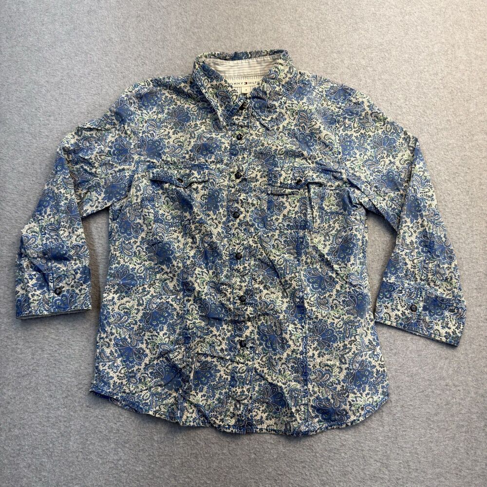 Tommy Hilfiger Womens Shirt 8 Paisley Colorful 3/4 Sleeve Pockets Pearl Snap